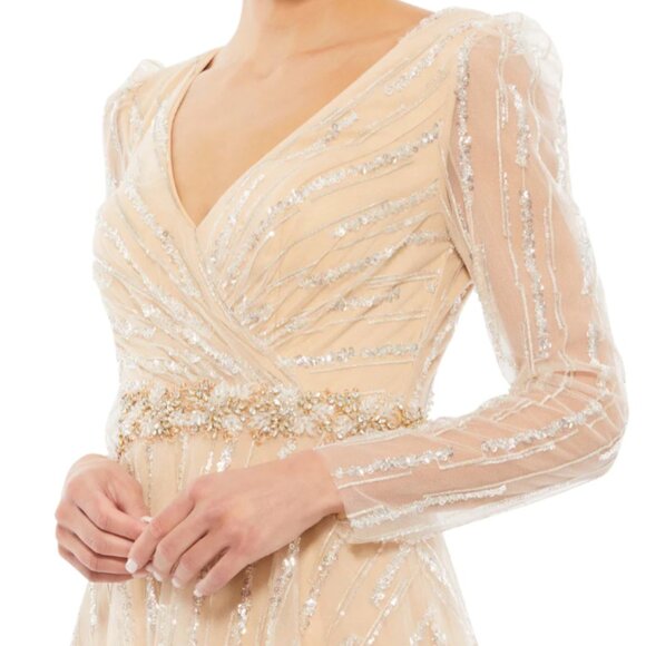 MAC DUGGAL 67859 LONG SLEEVE SILVER SEQUINS CHAMPAGNE GOWN  sz 14 - Picture 3 of 4